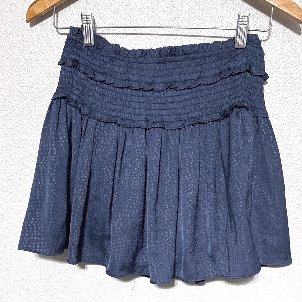 Mustard Seed Navy Blue Smocked Ruffle Mini Skort Skirt Jacquard High Waist Small - Picture 3 of 6